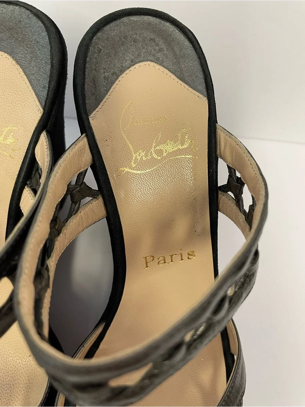 Christian Louboutin Black Suede and Metallic Grey Wedge Sandals